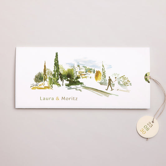 Hochzeitseinladung Mappe 2 Karten, Etikett Unterwegs foto