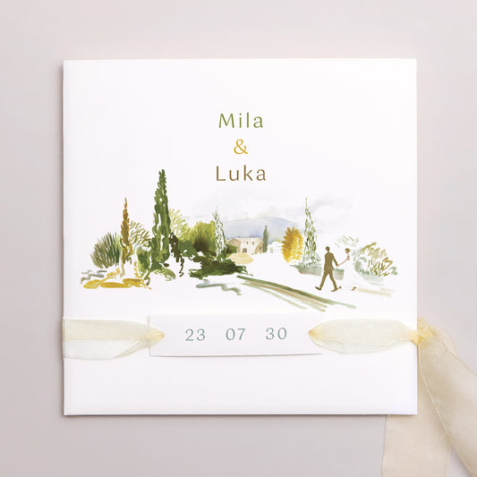 Hochzeitseinladung Quadratische Hülle, 3 Karten, Etikett Unterwegs foto