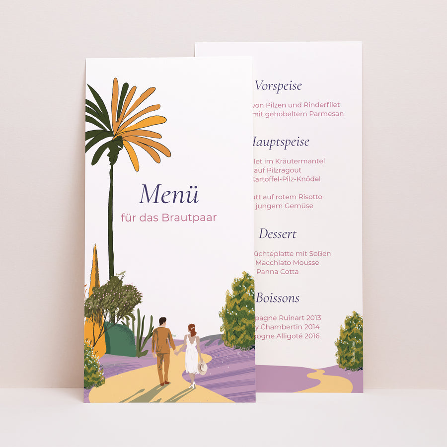 Menükarte Hochzeit Panoramatisches Porträt Flaneure foto