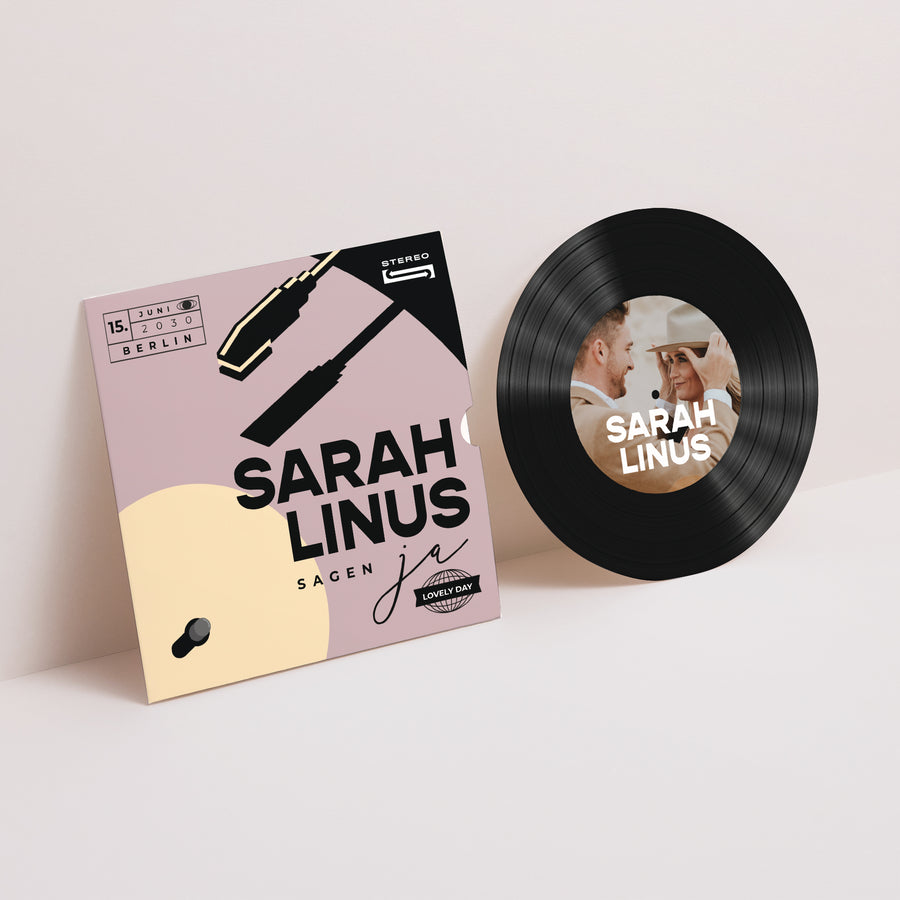 Hochzeitseinladung Schallplattenhülle Retro-Vinyl foto