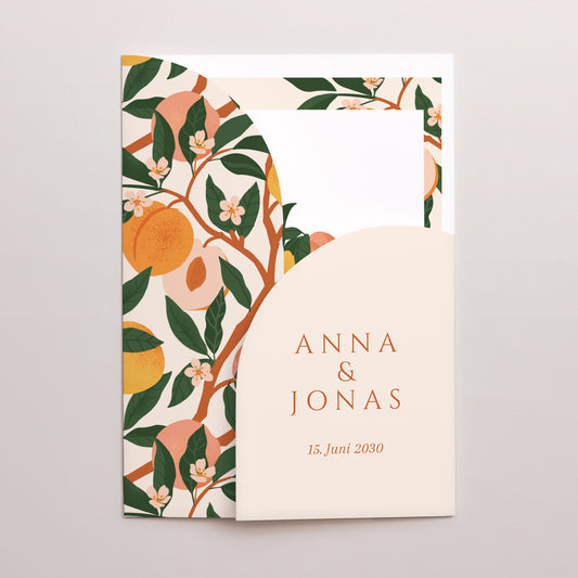 Hochzeitseinladung Hülle für 2 Karten Unter den Aprikosenbäumen foto
