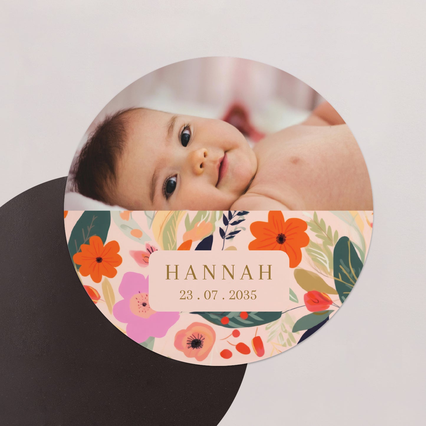 Geburtskarte Set von 8, magnetisch, rund, Ø 10 cm Blütenfarandole foto N° 1