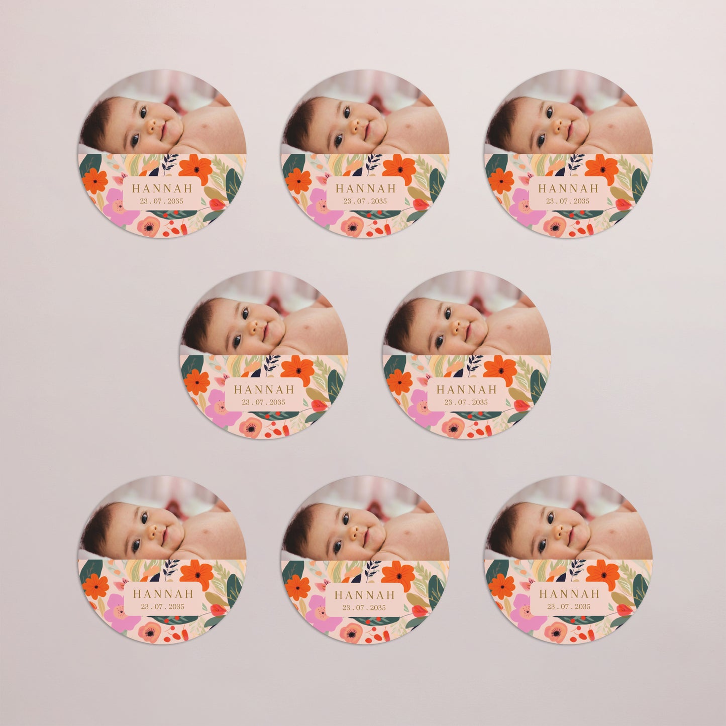Geburtskarte Set von 8, magnetisch, rund, Ø 10 cm Blütenfarandole foto N° 3