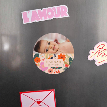 Geburtskarte Set von 8, magnetisch, rund, Ø 10 cm Blütenfarandole foto N° 4