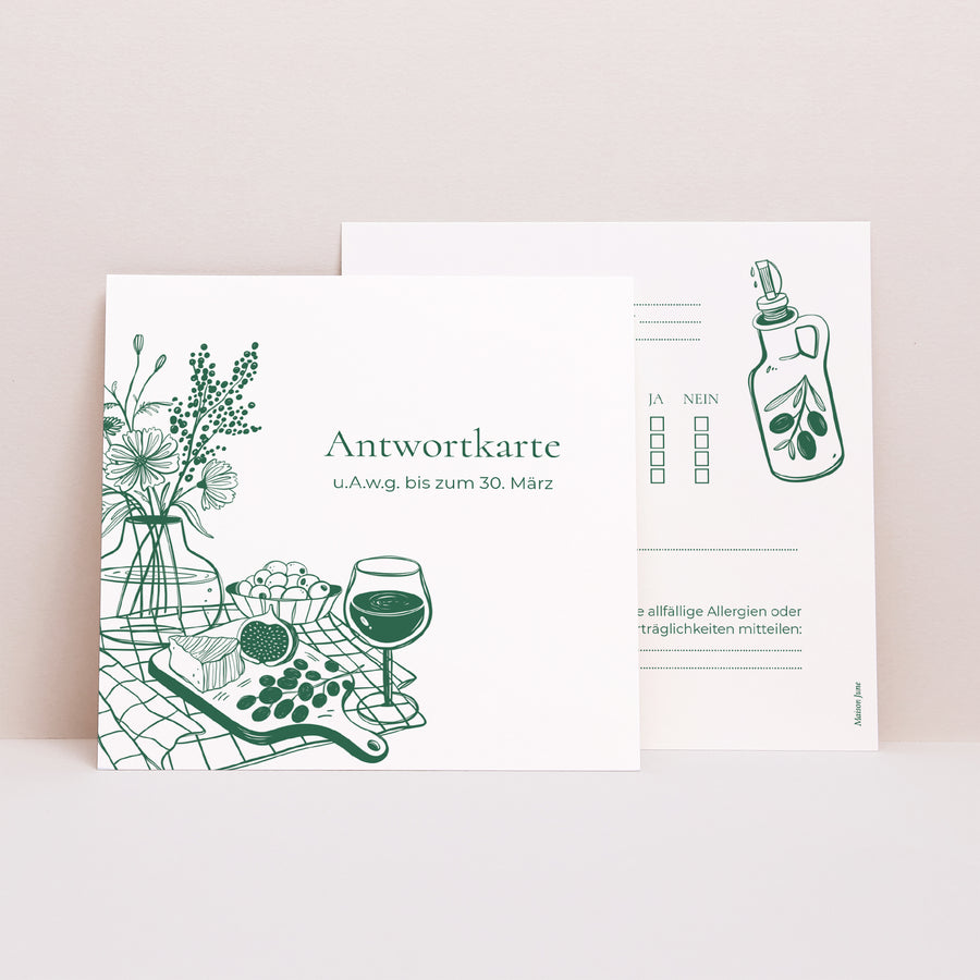 Antwortkarte Hochzeit Quadrat Willkommen an unserem Tisch. foto