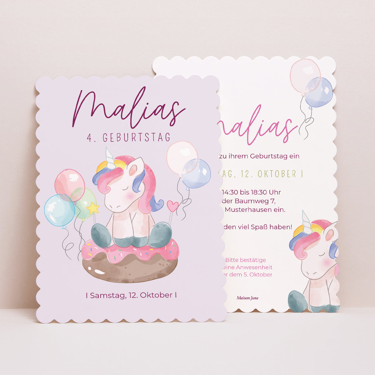 Einladungskarte Kindergeburtstag Porträt, Keksränder Einhorn-Donuts foto