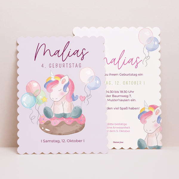 Einladungskarte Kindergeburtstag Porträt, Keksränder Einhorn-Donuts foto