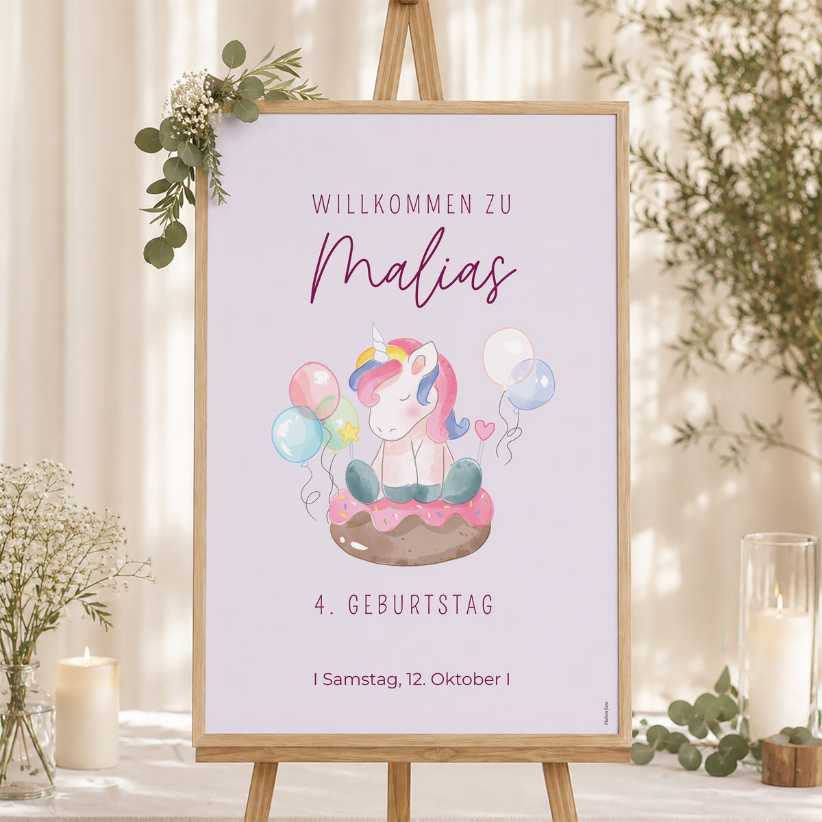 Begrüßungstafel Kindergeburtstag Porträt 60 x 90 cm Einhorn-Donuts foto N° 1