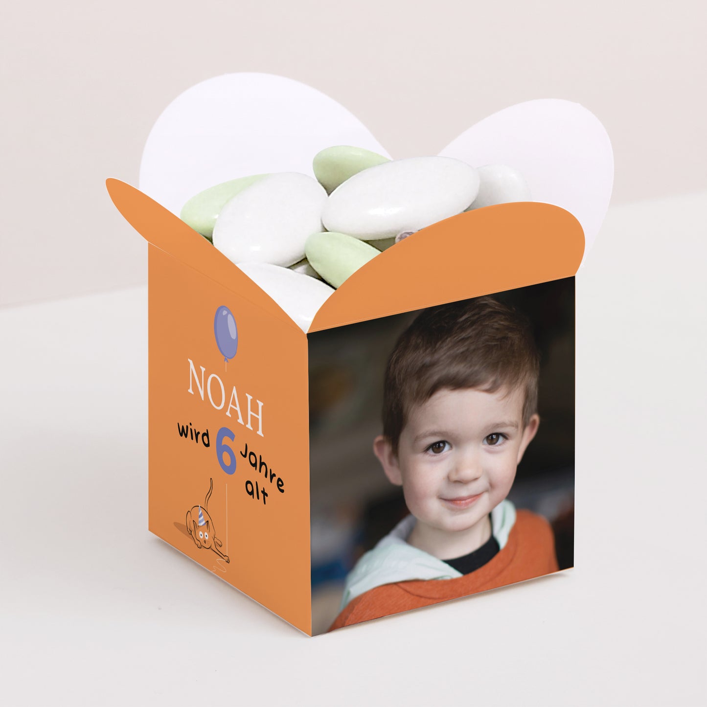 Mitgebsel-Box Kindergeburtstag Schmetterlingsöffnung Die orange Katze foto N° 1