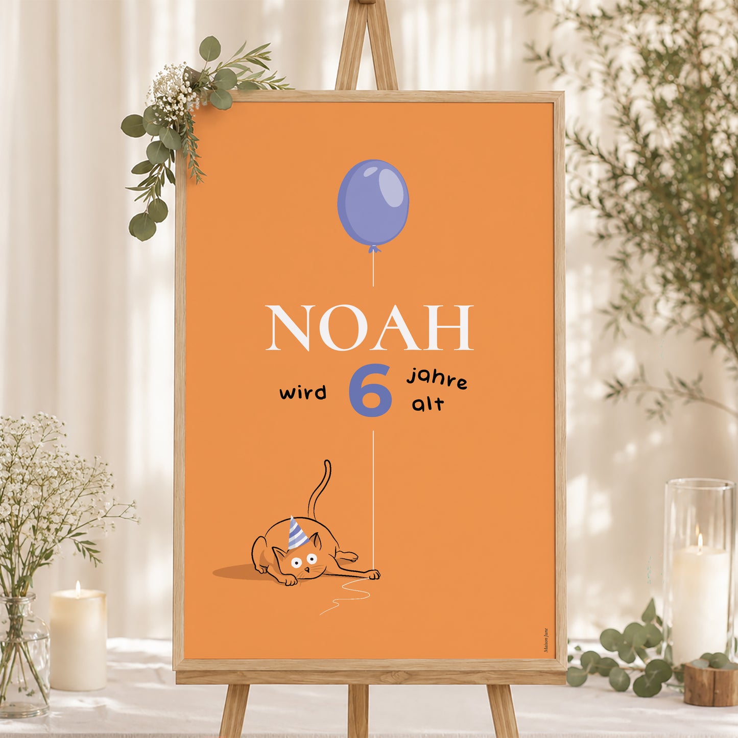 Begrüßungstafel Kindergeburtstag Porträt 60 x 90 cm Die orange Katze foto N° 1
