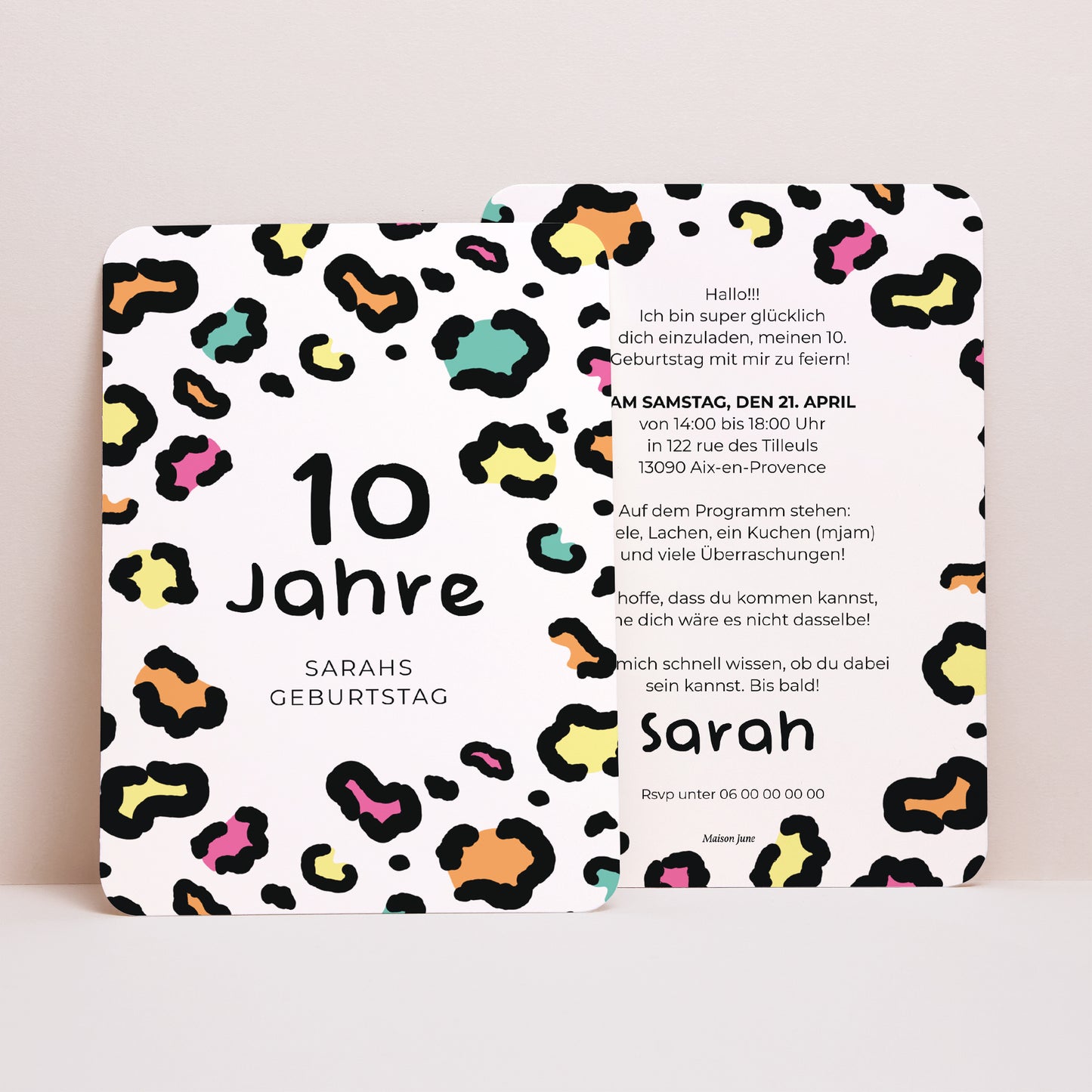 Beilegekarte Kindergeburtstag Porträt, abgerundete Kanten Buntleopard foto N° 1