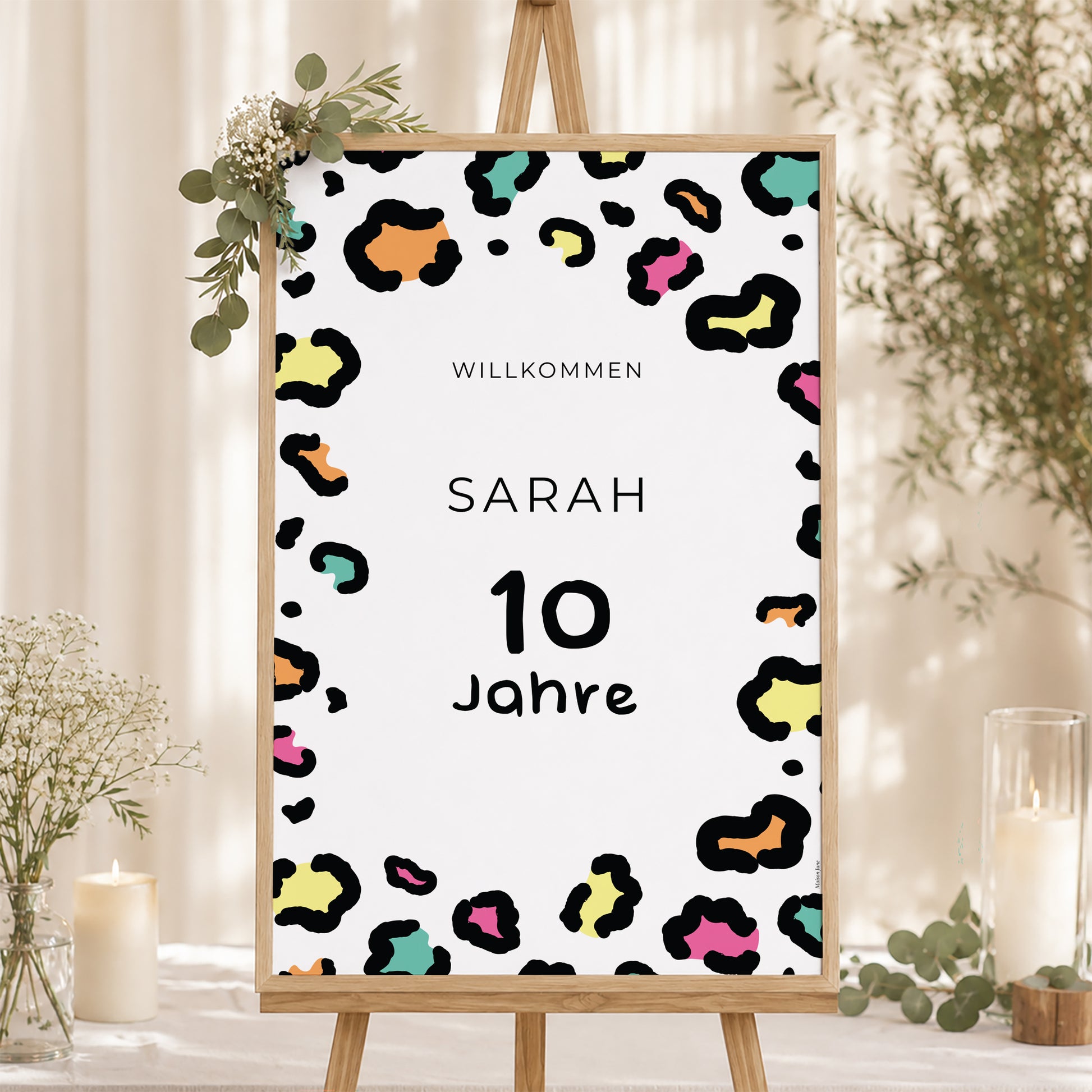 Begrüßungstafel Kindergeburtstag Porträt 60 x 90 cm Buntleopard foto N° 1