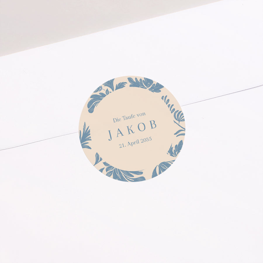 Sticker Taufe Rund Blaue gezeichnete Blumen foto