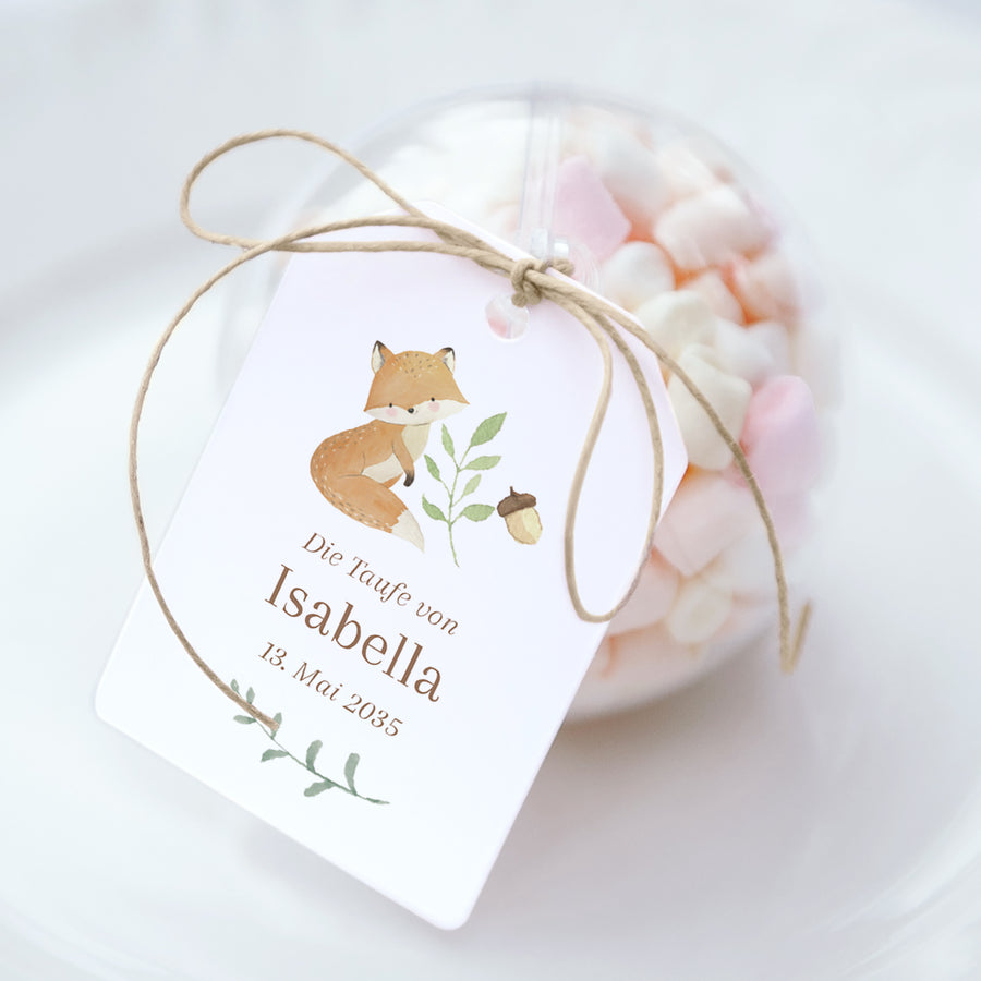 Geschenkbox Taufe Ball mit Wimpel-Etikett Die Tiere des verwunschenen Waldes foto