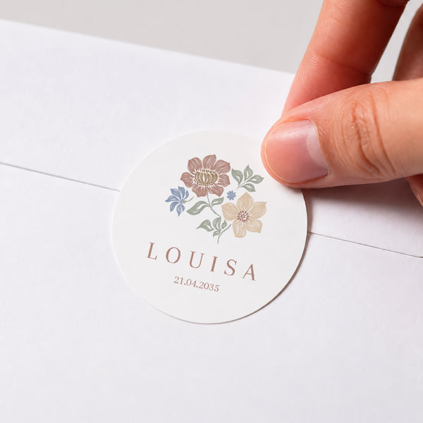 Sticker Geburt Rund Blumen skizziert foto