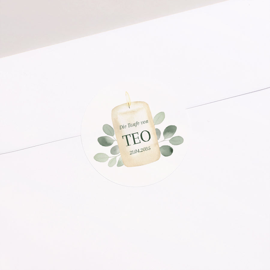 Sticker Taufe Rund Kerze und Laub foto