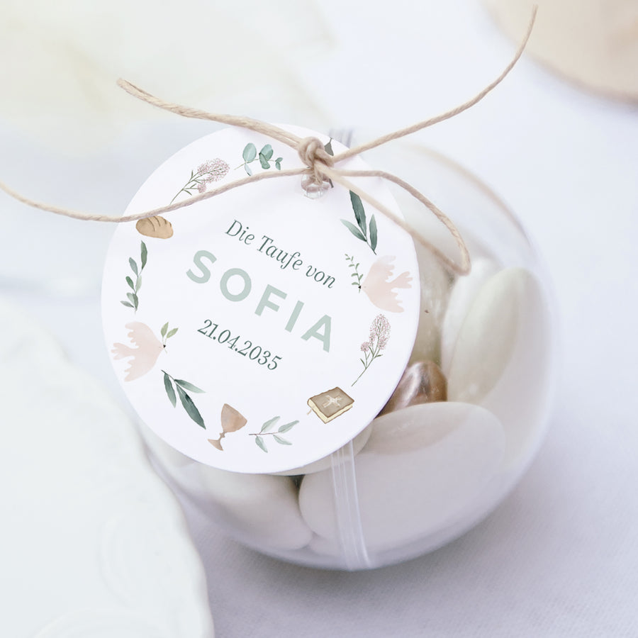 Geschenkbox Taufe Kugel mit runder Etikette Religiöse Symbole krönen foto