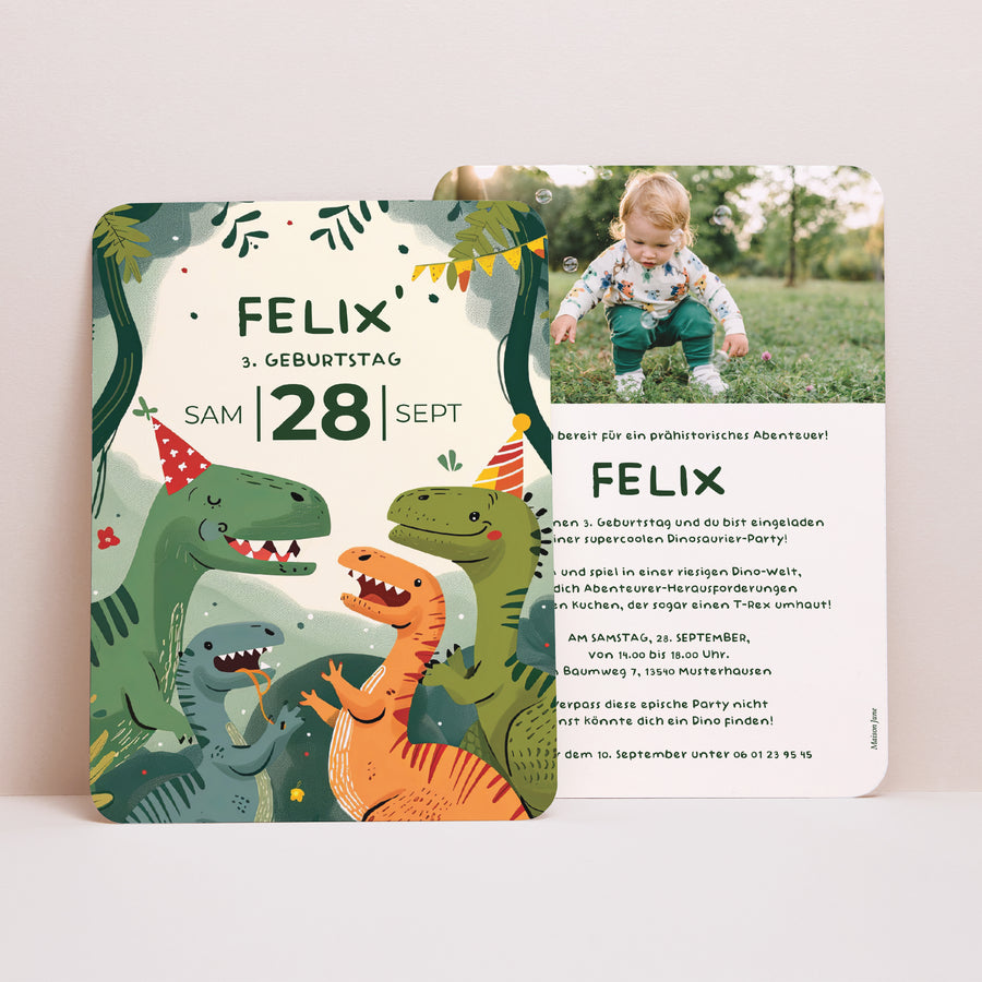 Beilegekarte Kindergeburtstag Porträt, abgerundete Kanten Die Dino-Party foto