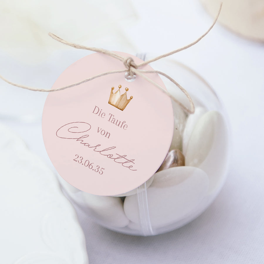 Geschenkbox Taufe Kugel mit runder Etikette Prinzessin des geheimen Gartens foto