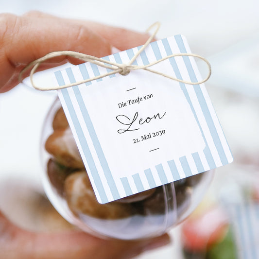 Geschenkbox Taufe Kugel mit quadratischem Etikett Himmelblau gestreift II foto