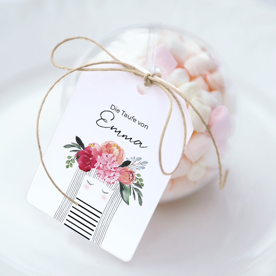 Geschenkbox Taufe Ball mit Wimpel-Etikett Kleine gesegnete Blume foto