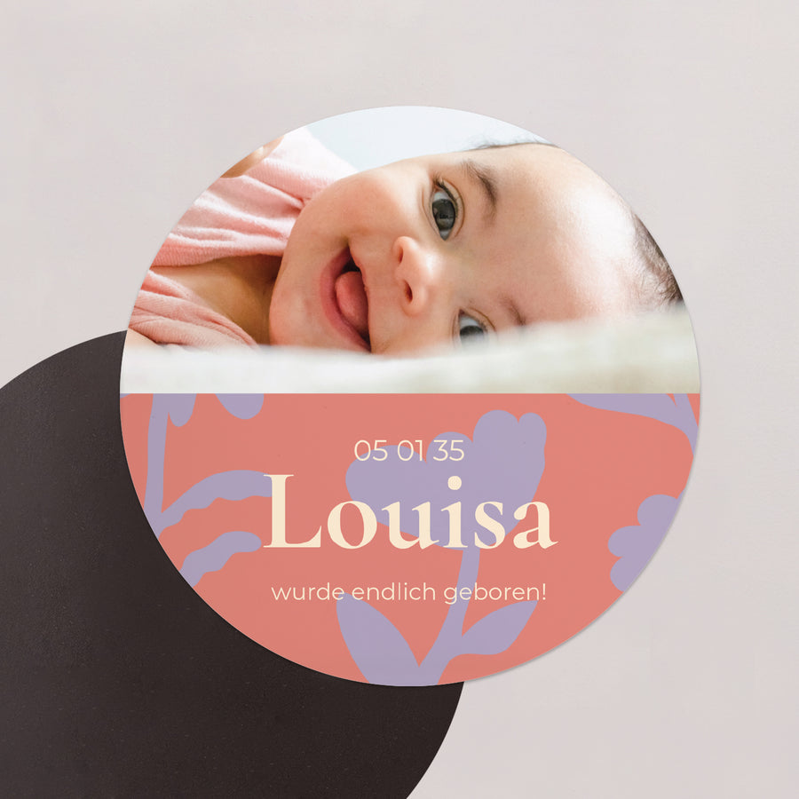 Geburtskarte Set von 8, magnetisch, rund, Ø 10 cm Babyblume foto