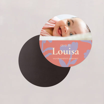Geburtskarte Set von 8, magnetisch, rund, Ø 10 cm Babyblume foto N° 2