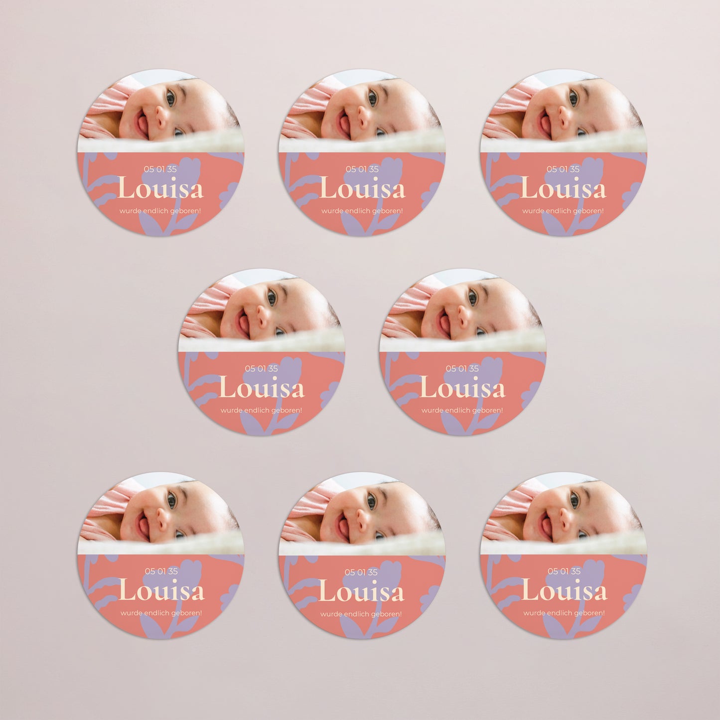 Geburtskarte Set von 8, magnetisch, rund, Ø 10 cm Babyblume foto N° 3