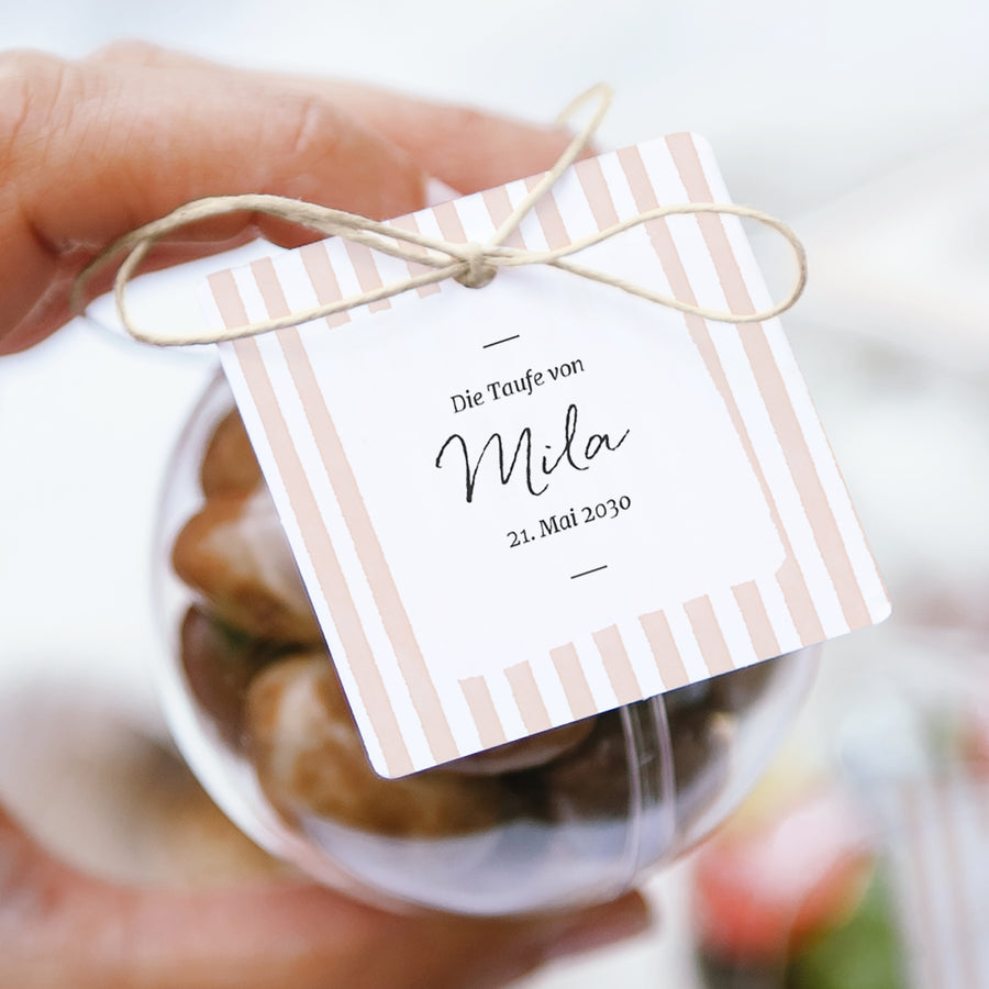 Geschenkbox Taufe Kugel mit quadratischem Etikett Helle rosa Streifen II foto