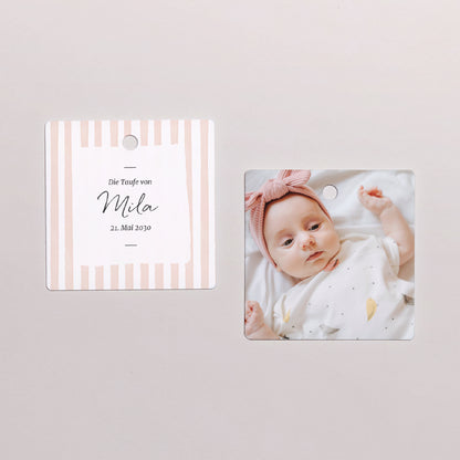 Geschenkbox Taufe Kugel mit quadratischem Etikett Helle rosa Streifen II foto N° 3