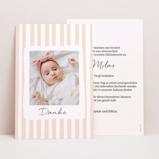 Dankeskarte Taufe PortraitPorträt Helle rosa Streifen II foto
