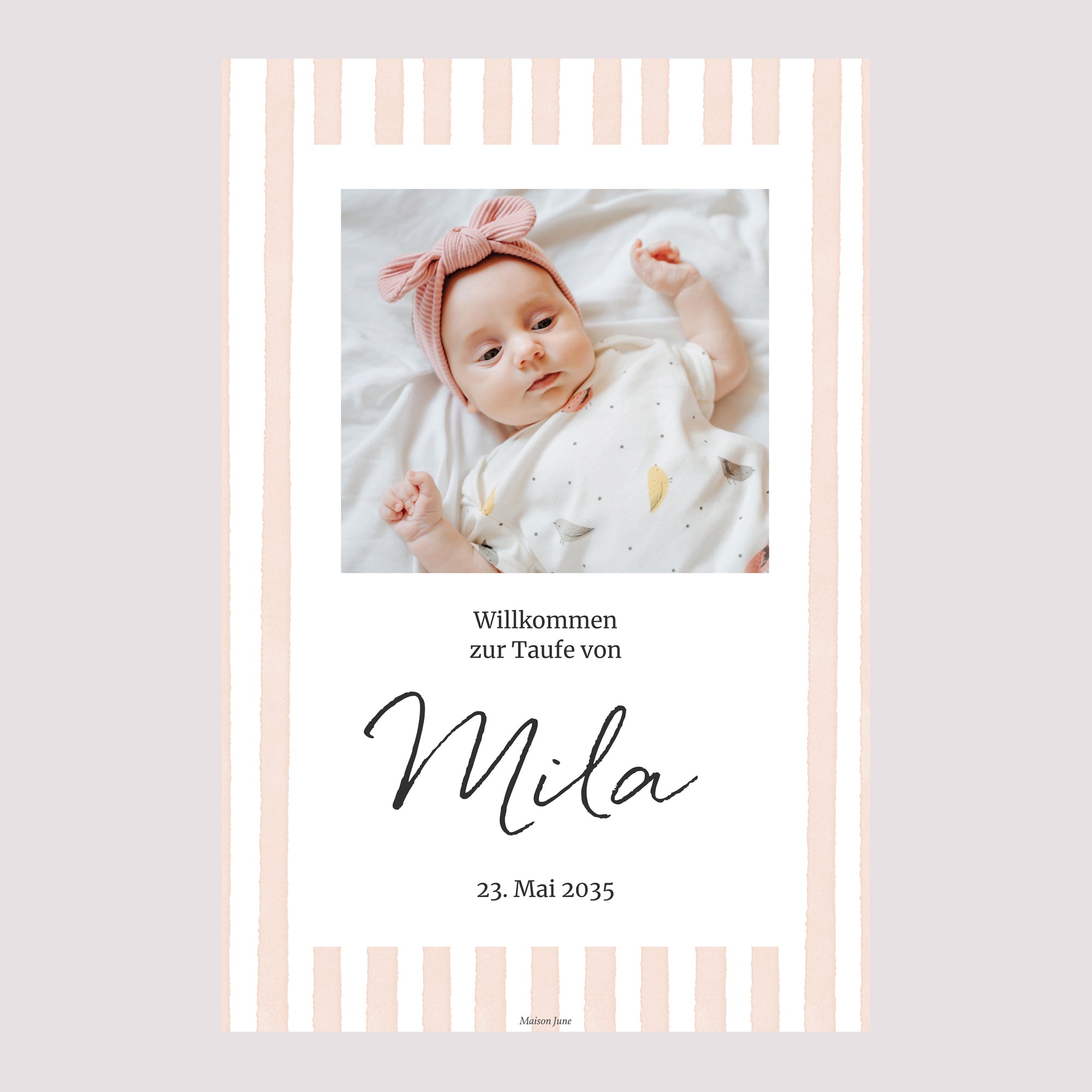 Begrüßungstafel Taufe Porträt 60 x 90 cm Helle rosa Streifen II foto N° 2