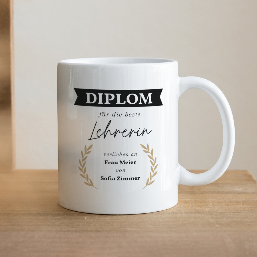 Tasse Objekte Weiß Diplom der besten Lehrerin foto