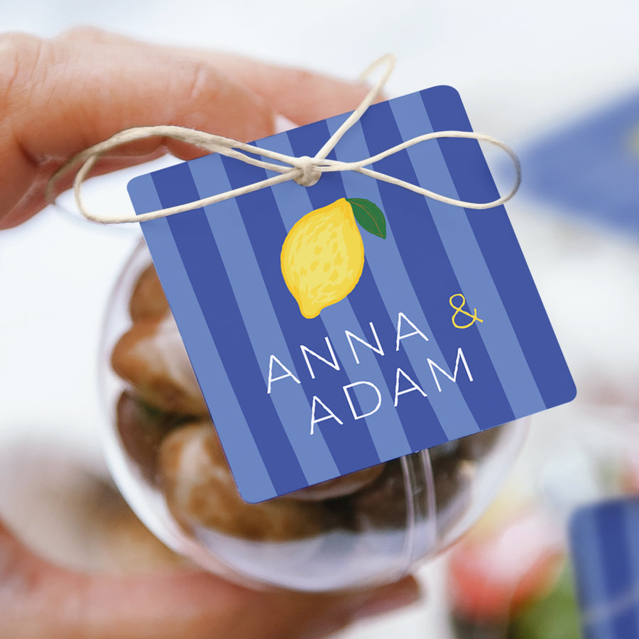 Geschenkbox Hochzeit Kugel mit quadratischem Etikett Ein Hauch von Mittelmeer foto