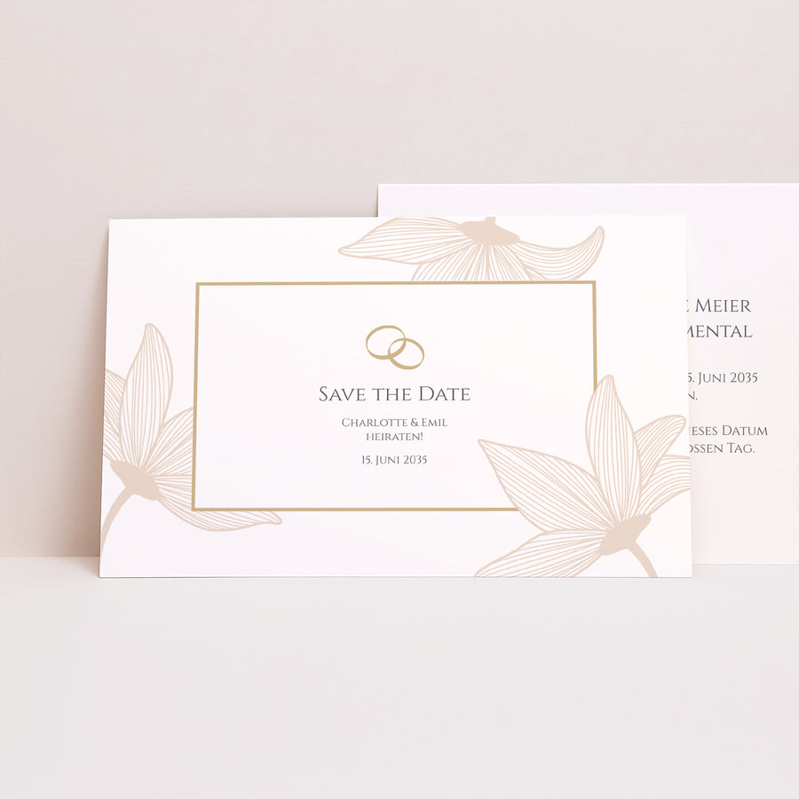 Save the date Karte Hochzeit Landschaft Blumen der goldenen Eleganz foto