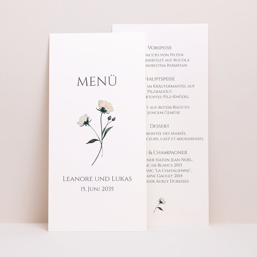 Menükarte Hochzeit Panoramatisches Porträt Süße Blumen foto