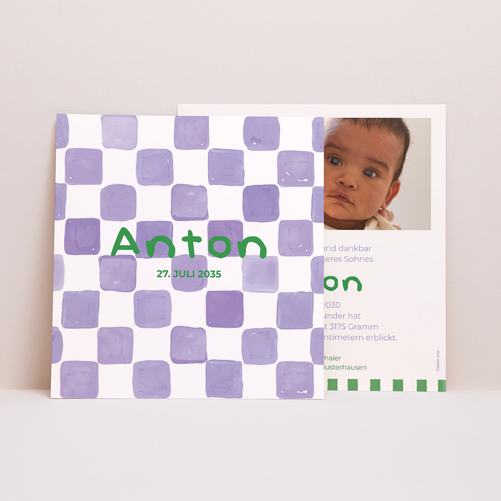 Geburtskarte Quadrat Lila Schachbrett foto N° 1