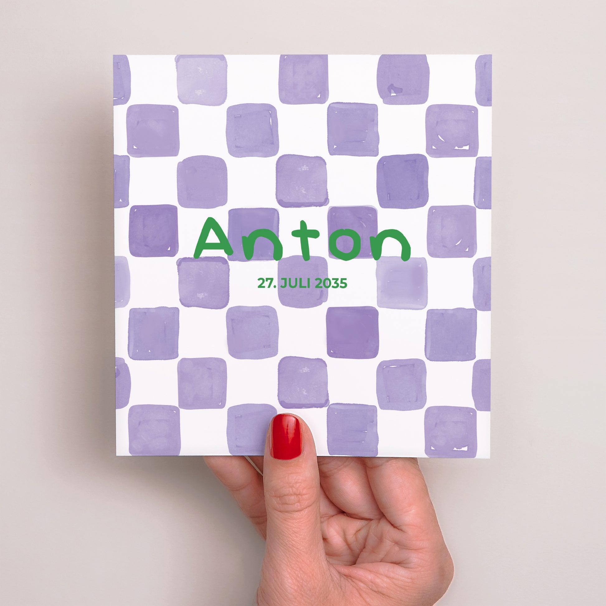 Geburtskarte Quadrat Lila Schachbrett foto N° 2