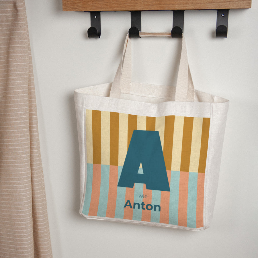 Tote bag Geburt Tragehenkel Bunte Streifen blau II foto