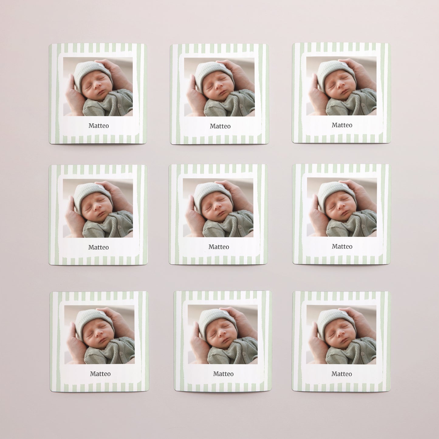 Dankeskarte Geburt Satz von 9, magnetisch. Helle grüne Streifen foto N° 3