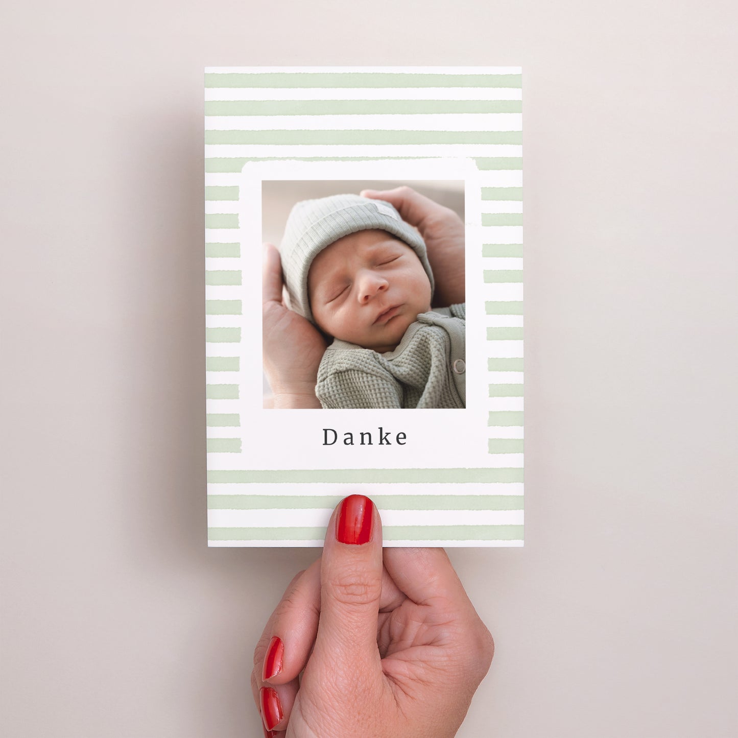 Dankeskarte Geburt PortraitPorträt Helle grüne Streifen foto N° 2