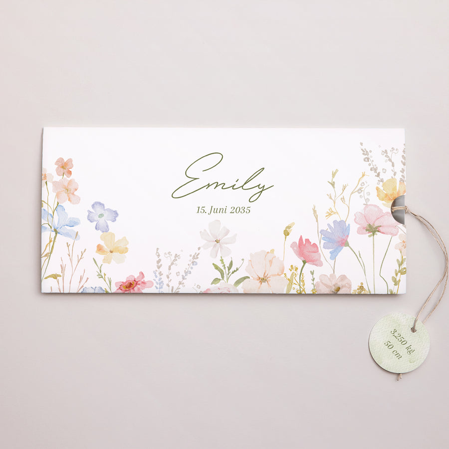 Geburtskarte Mappe 2 Karten, Etikett Kleine Liebesblume foto