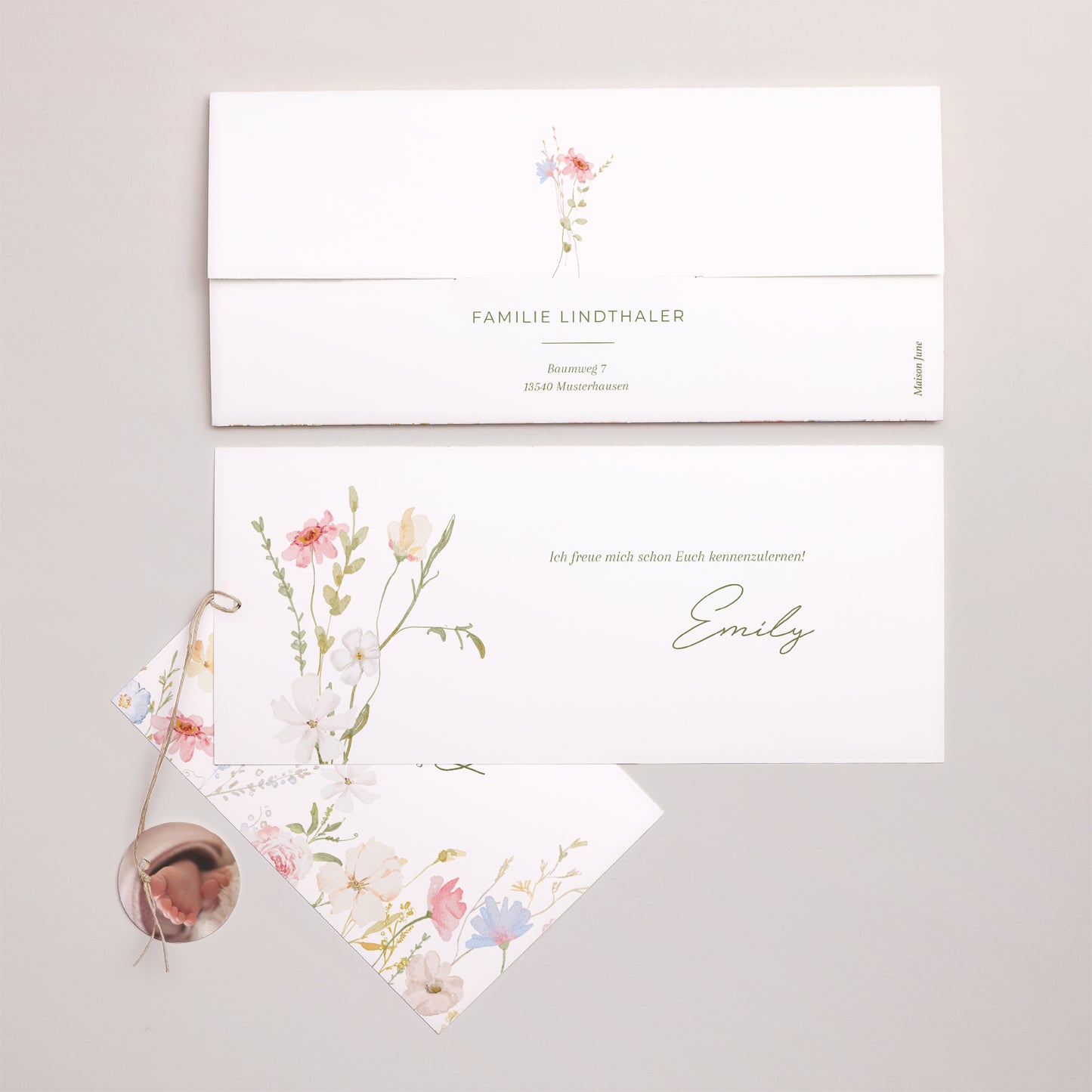 Geburtskarte Mappe 2 Karten, Etikett Kleine Liebesblume foto N° 4