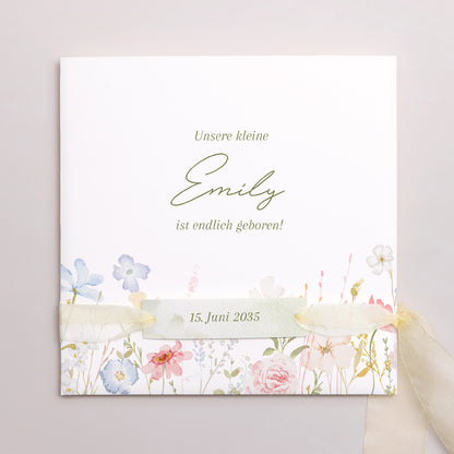 Geburtskarte Quadratische Hülle, 3 Karten, Etikett Kleine Liebesblume foto N° 1