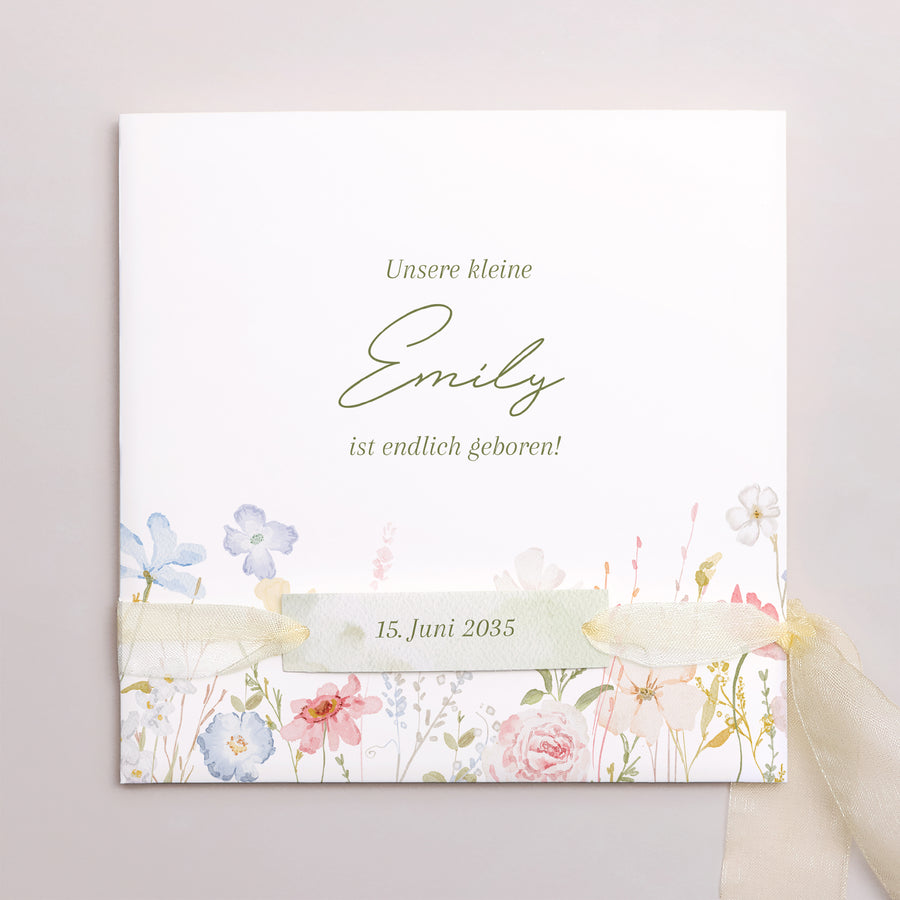 Geburtskarte Quadratische Hülle, 3 Karten, Etikett Kleine Liebesblume foto