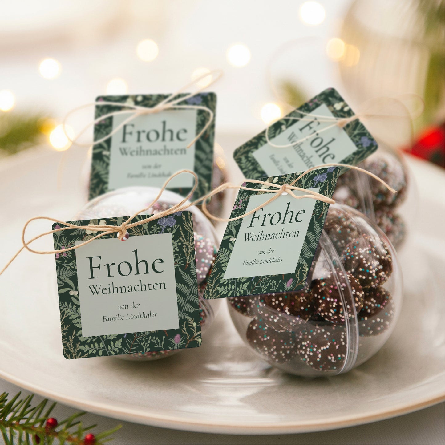 Geschenkbox Weihnachten Kugel mit quadratischem Etikett Winterlaub foto N° 2