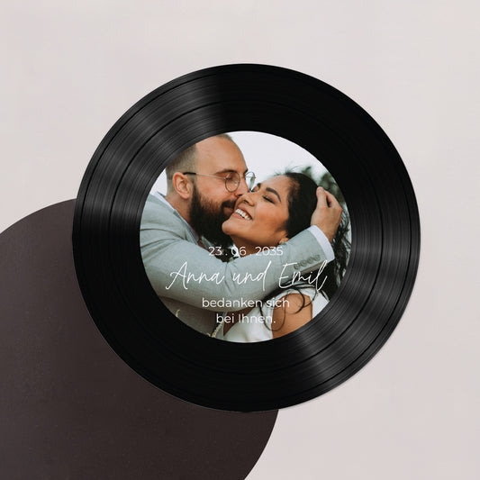 Dankeskarte Hochzeit Set von 8, magnetisch, rund, Ø 10 cm Unsere schönsten Momente foto