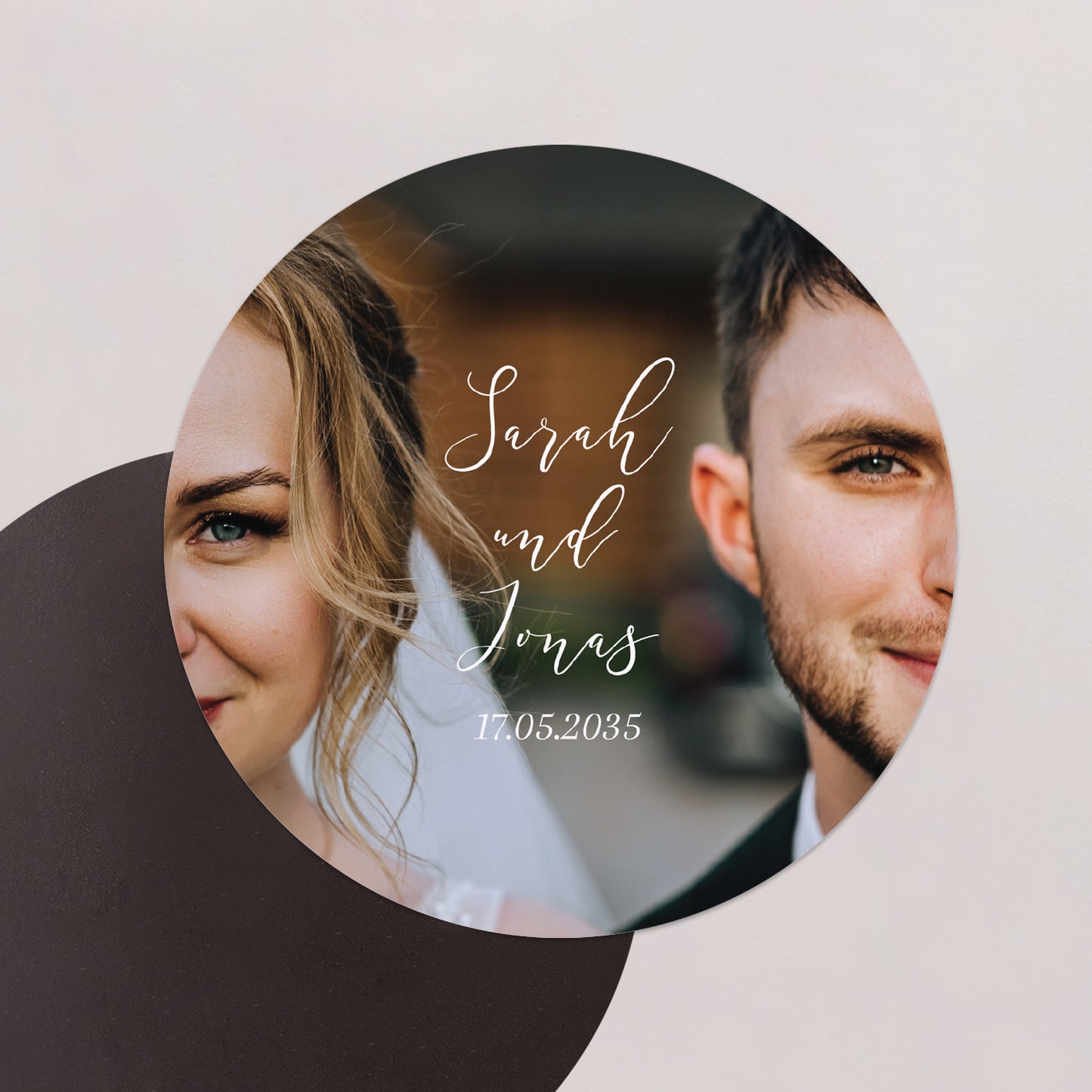 Dankeskarte Hochzeit Set von 8, magnetisch, rund, Ø 10 cm Vereint in Bildern foto N° 1