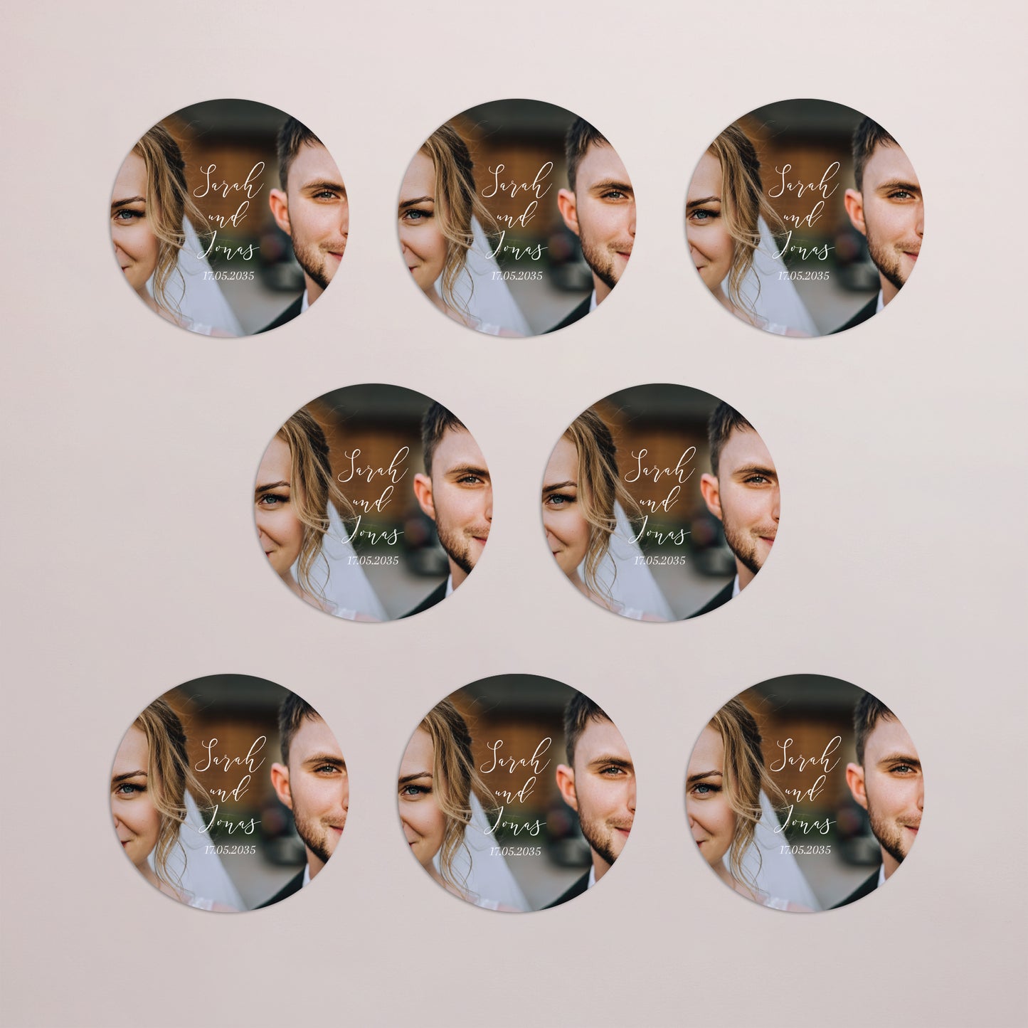 Dankeskarte Hochzeit Set von 8, magnetisch, rund, Ø 10 cm Vereint in Bildern foto N° 3