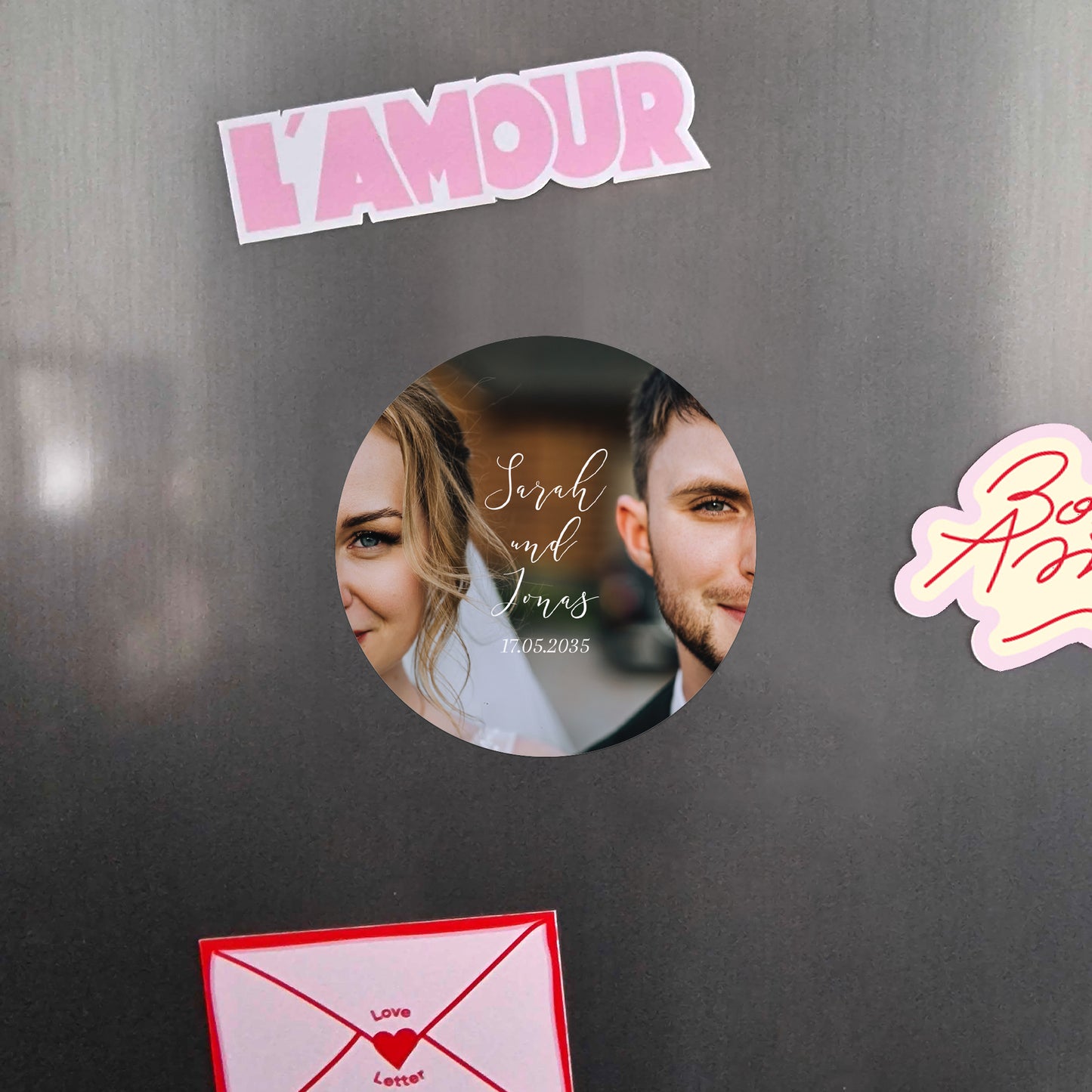 Dankeskarte Hochzeit Set von 8, magnetisch, rund, Ø 10 cm Vereint in Bildern foto N° 4